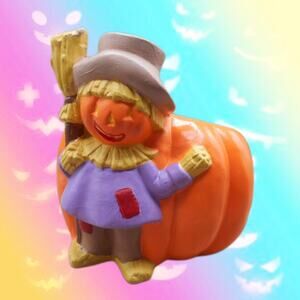 Vintage Halloween Ceramic Scarecrow w/Pumpkin Planter 5.5"